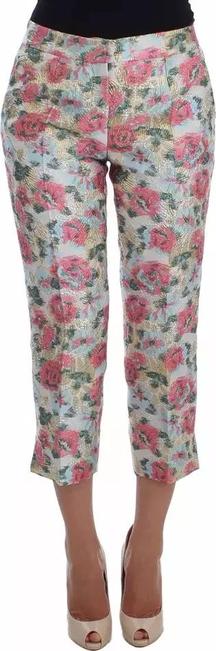 White Pink Floral Brocade Pants