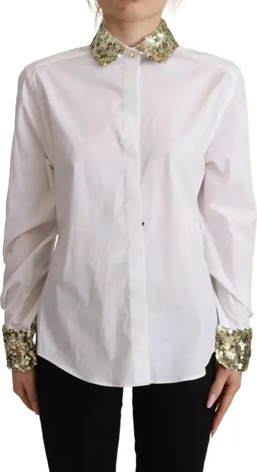 White Cotton Collared Long Sleeves Sequin Top Shirt