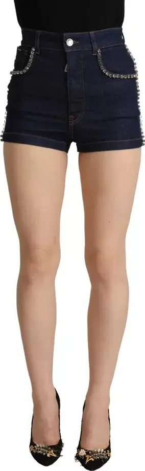 Dark Blue Embellished Denim Hot Pants Shorts