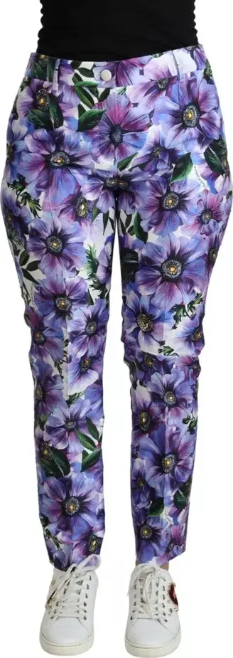Purple Floral Print Tapered Cotton Pants