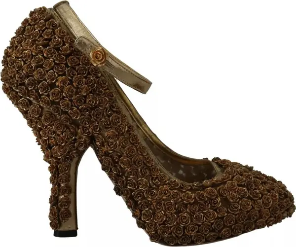 Gold Roses Embellished Heels Pumps Shoes