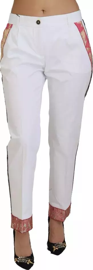 White Jacquard Cotton Blend Mid Waist Pants