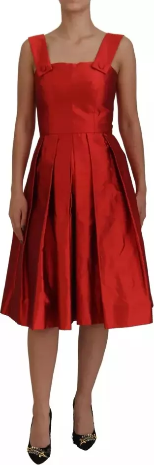 Red A-line Pleated Midi Satin Silk Dress