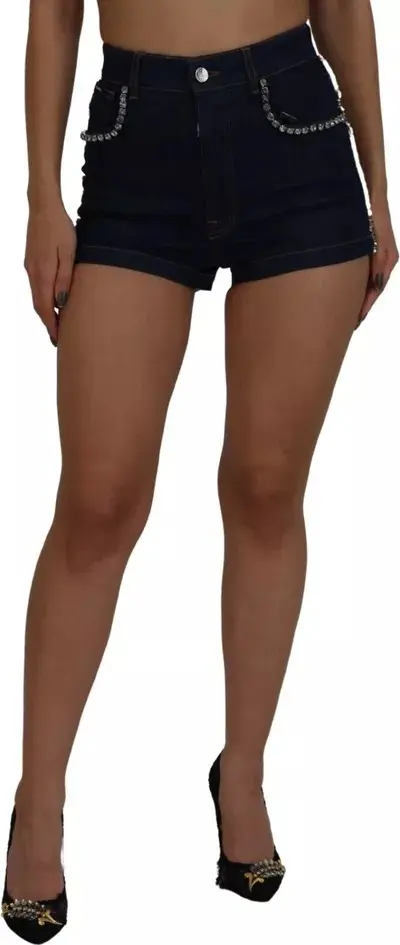 Blue Denim Stretch Crystal Hot Pants Shorts