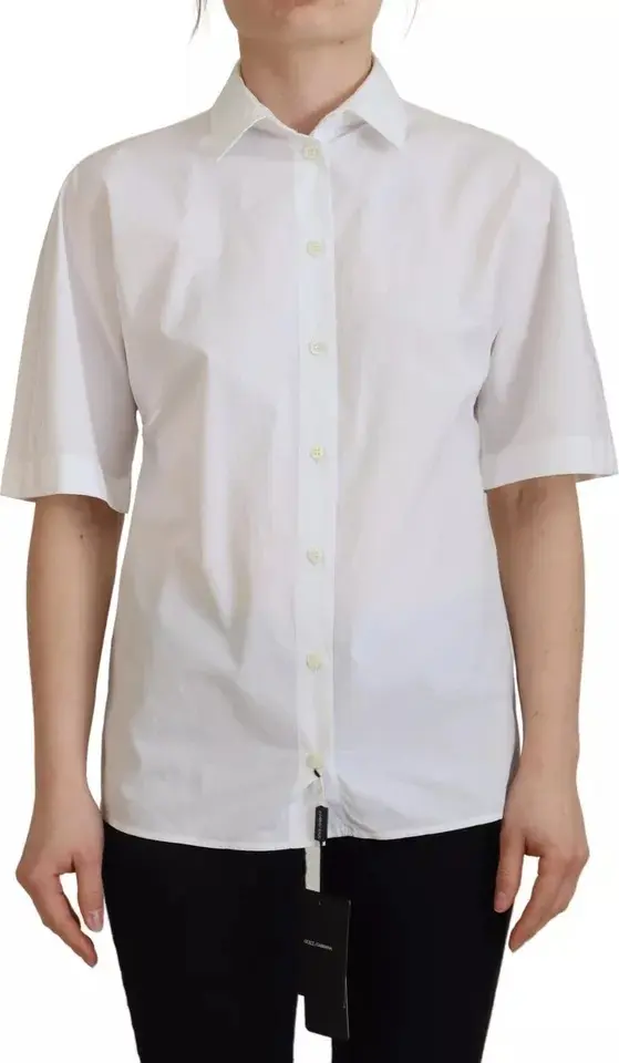 White Cotton Button Front Short Sleeve Shirt