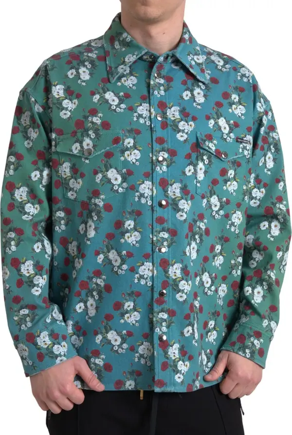 Blue Floral Cotton Button Down Denim Shirt