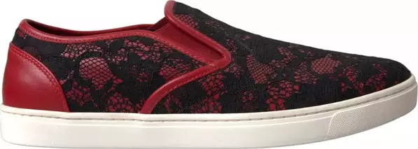 Black Red Lace Slip On Low Top Sneakers Shoes