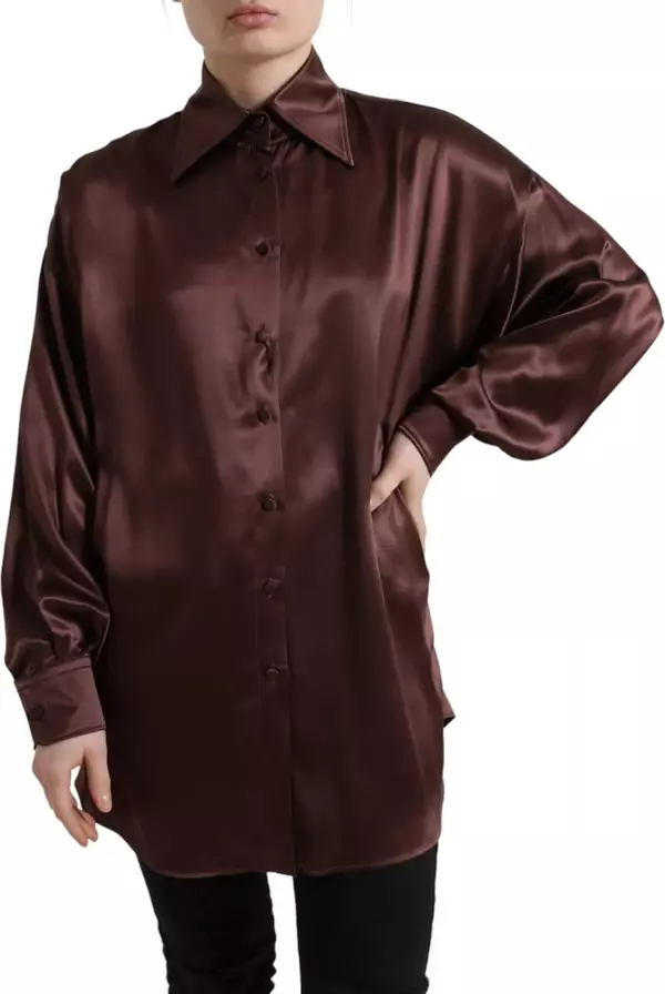 Brown Silk Collared Long Sleeves Top Blouse