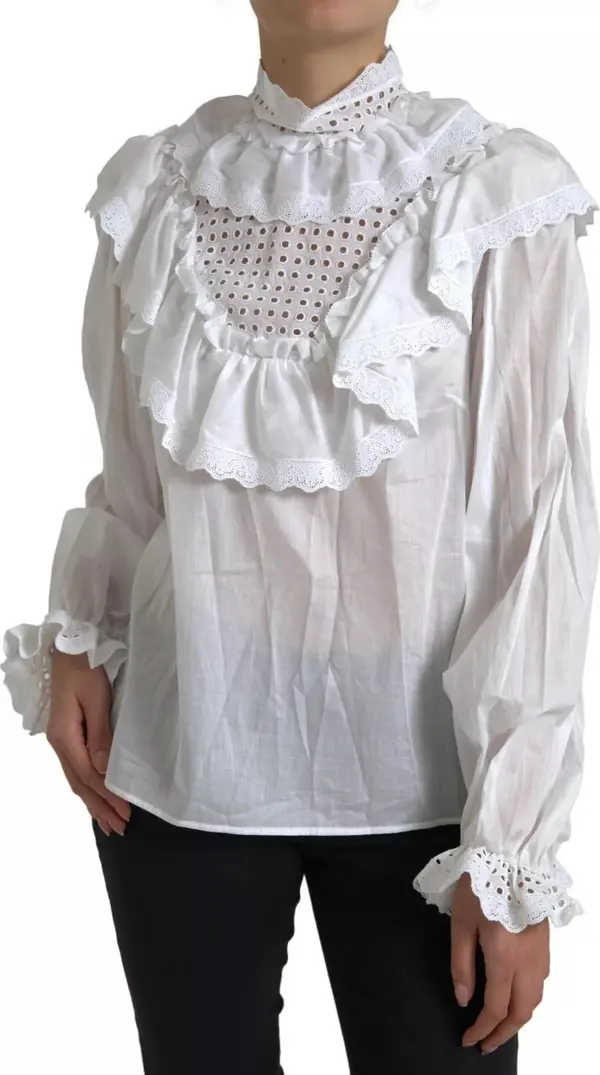 White Cotton Lace Trim Turtle Neck Blouse