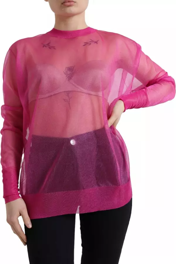 Pink Sheer Long Sleeves Crewneck Top Blouse