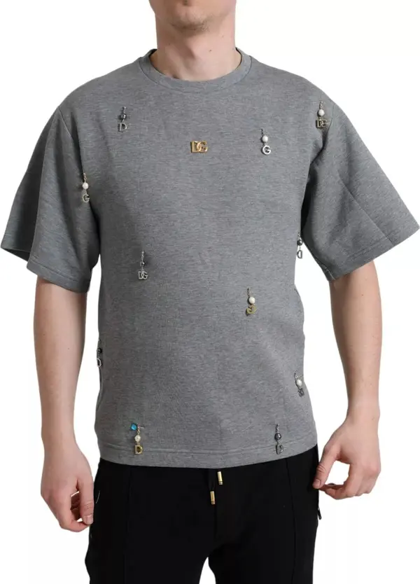 Gray Cotton Embellished Crew Neck  T-shirt