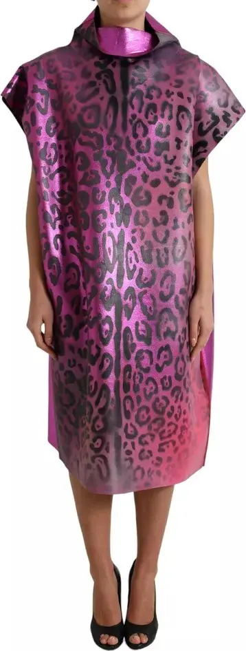 Pink Leopard Print Polyester Shift Midi Dress