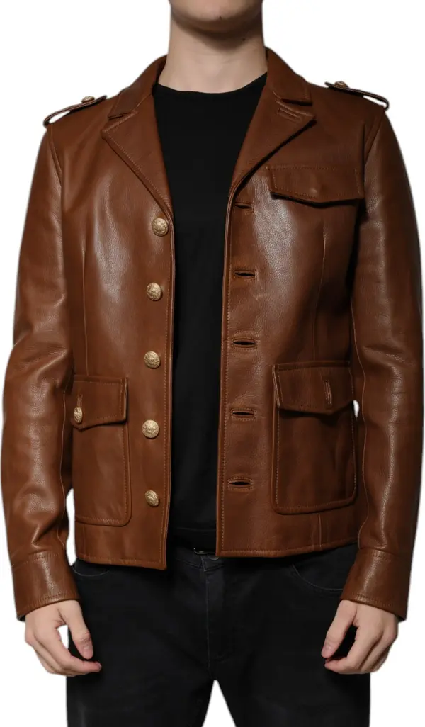 Brown Calfskin Leather Button Down Jacket