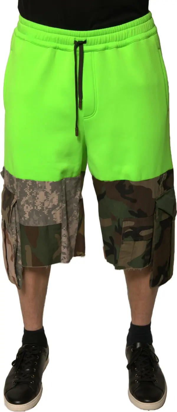 Green Patchwork Cargo Bermuda Shorts