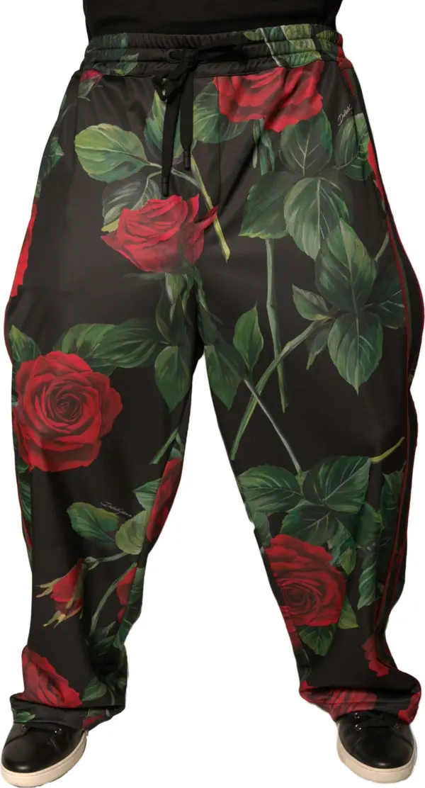 Black Floral Polyester Jogger Sweatpants Pants