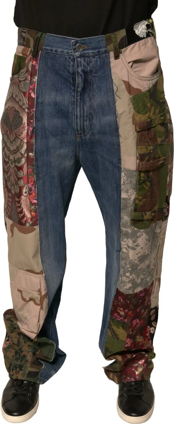 Blue Patchwork Cotton Straight Denim Jeans