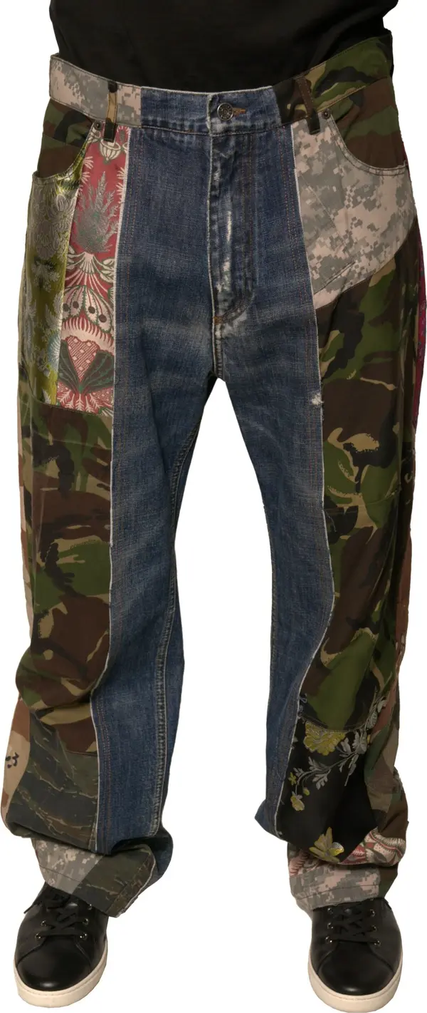 Blue Patchwork Cotton Straight Denim Jeans