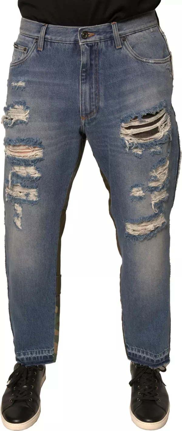 Blue Tattered Straight Cropped Denim Jeans