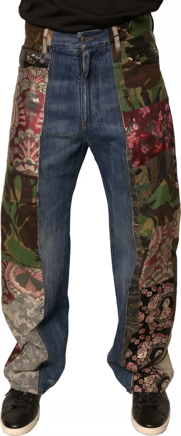 Blue Patchwork Cotton Straight Denim Jeans
