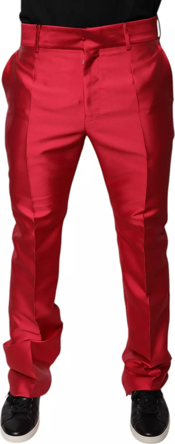 Red Silk Slim Fit Mid Waist Dress Formal Pants