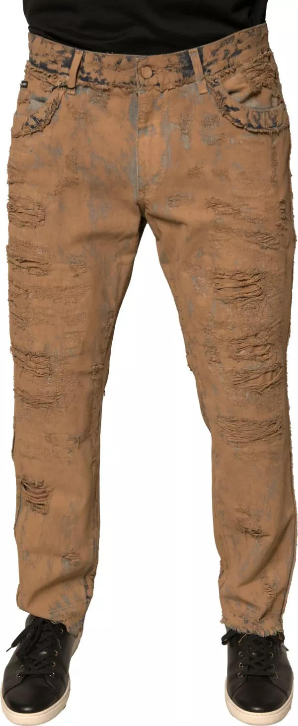 Brown Tattered Cotton Skinny Denim Jeans
