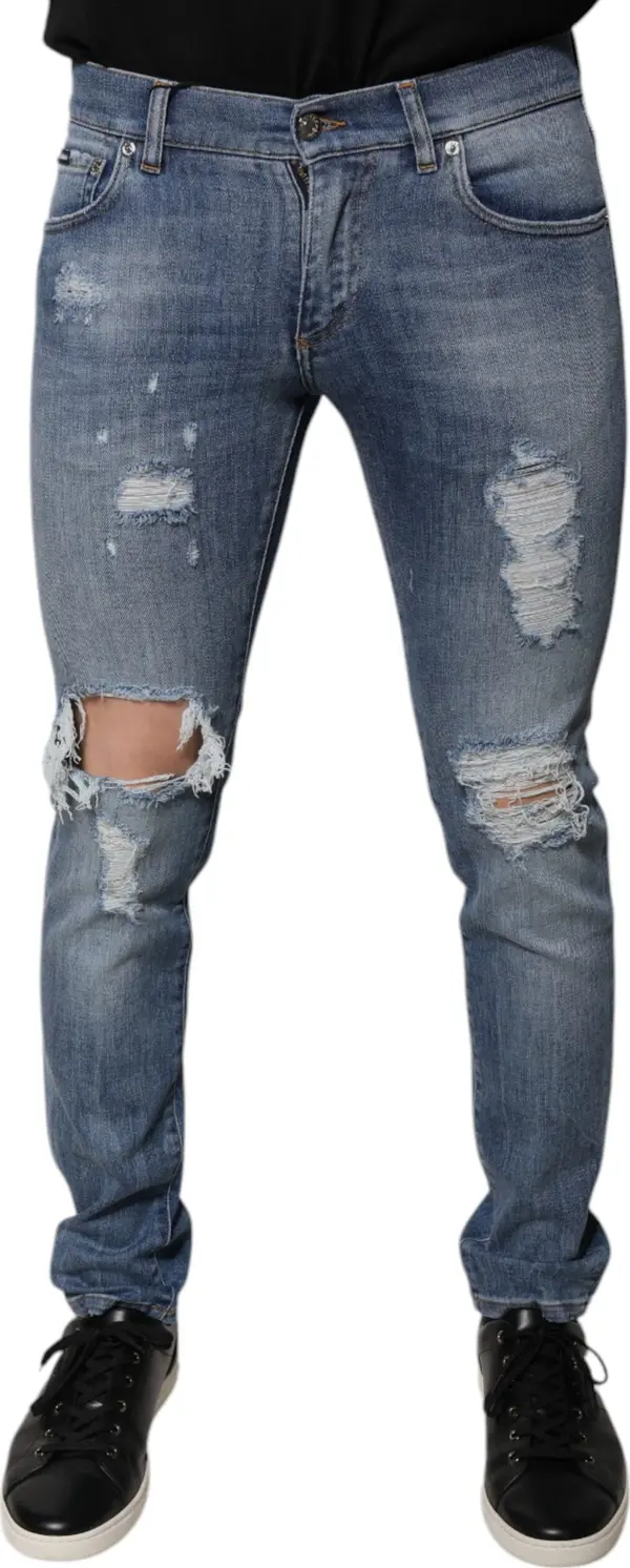 Blue Tattered Cotton Stretch Skinny Denim Jeans