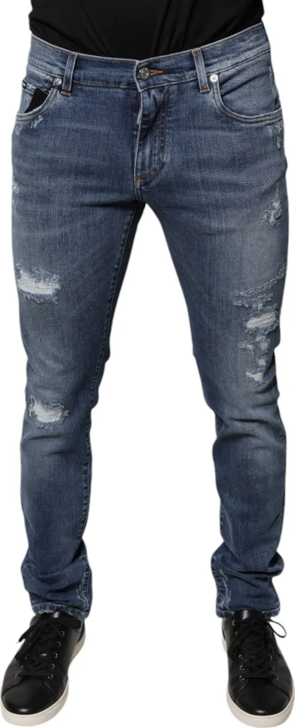 Blue Tattered Cotton Stretch Skinny Denim Jeans