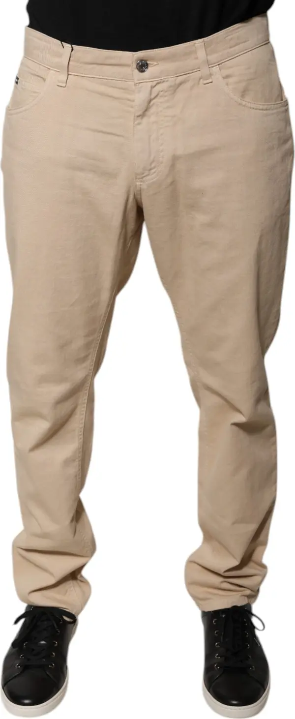 Beige Cotton Mid Waist Skinny Denim Jeans