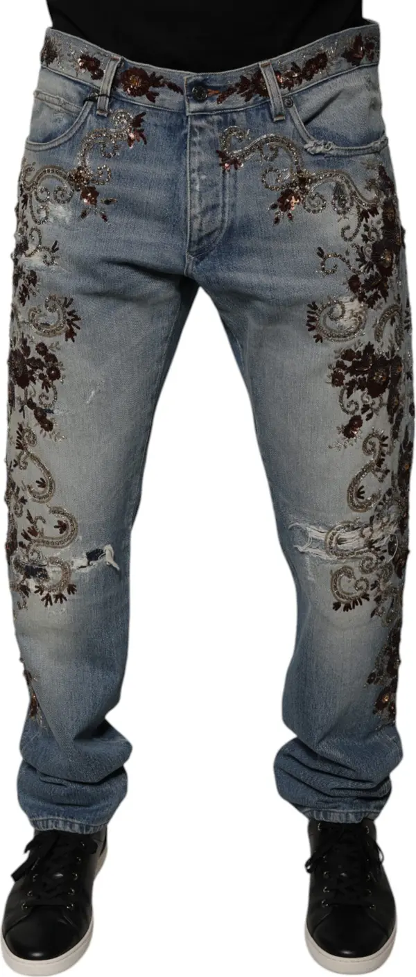 Light Blue Embroidered Skinny Denim Jeans