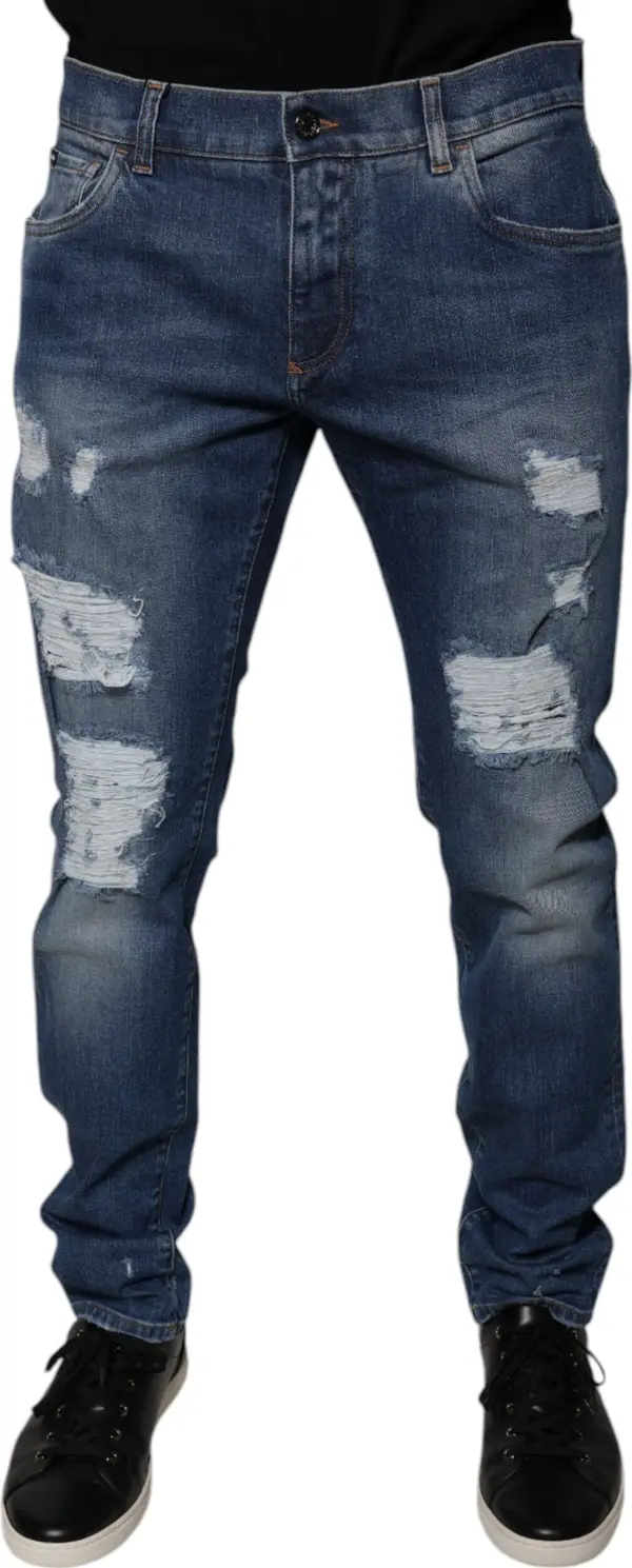 Blue Cotton Tattered Skinny Denim Jeans