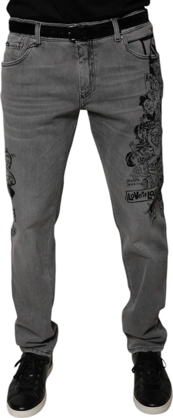 Gray Graphic Print Cotton Skinny Denim Jeans