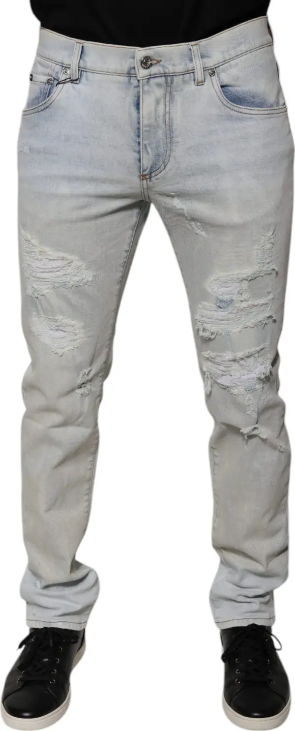 Light Blue Cotton Blend Tattered Skinny Denim Jeans