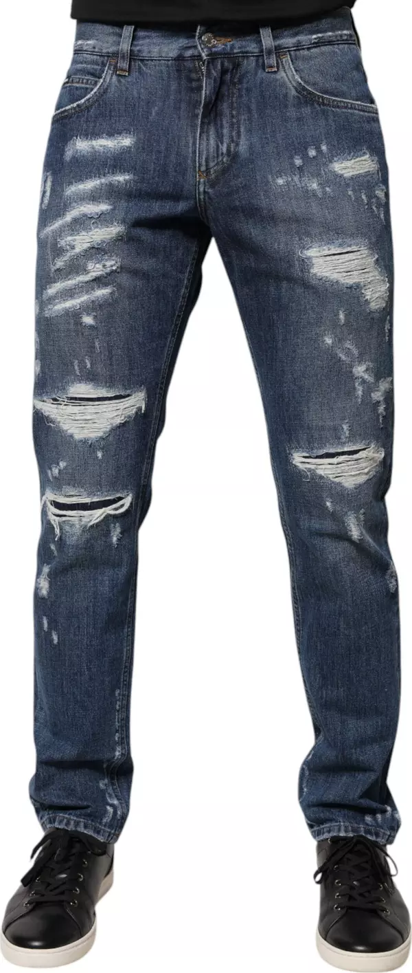 Blue Cotton Tattered Skinny Denim Jeans