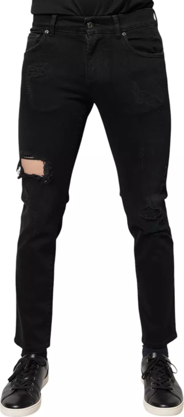 Black Cotton Tattered Skinny Denim Logo Jeans