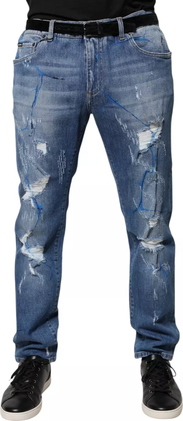 Blue Cotton Stretch Tattered Skinny Denim Jeans