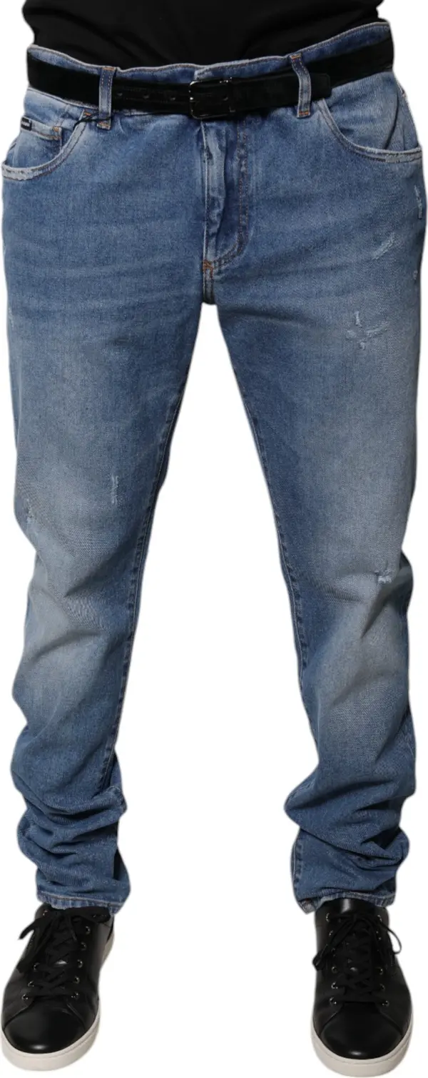 Light Blue Cotton Men Skinny Denim Jeans