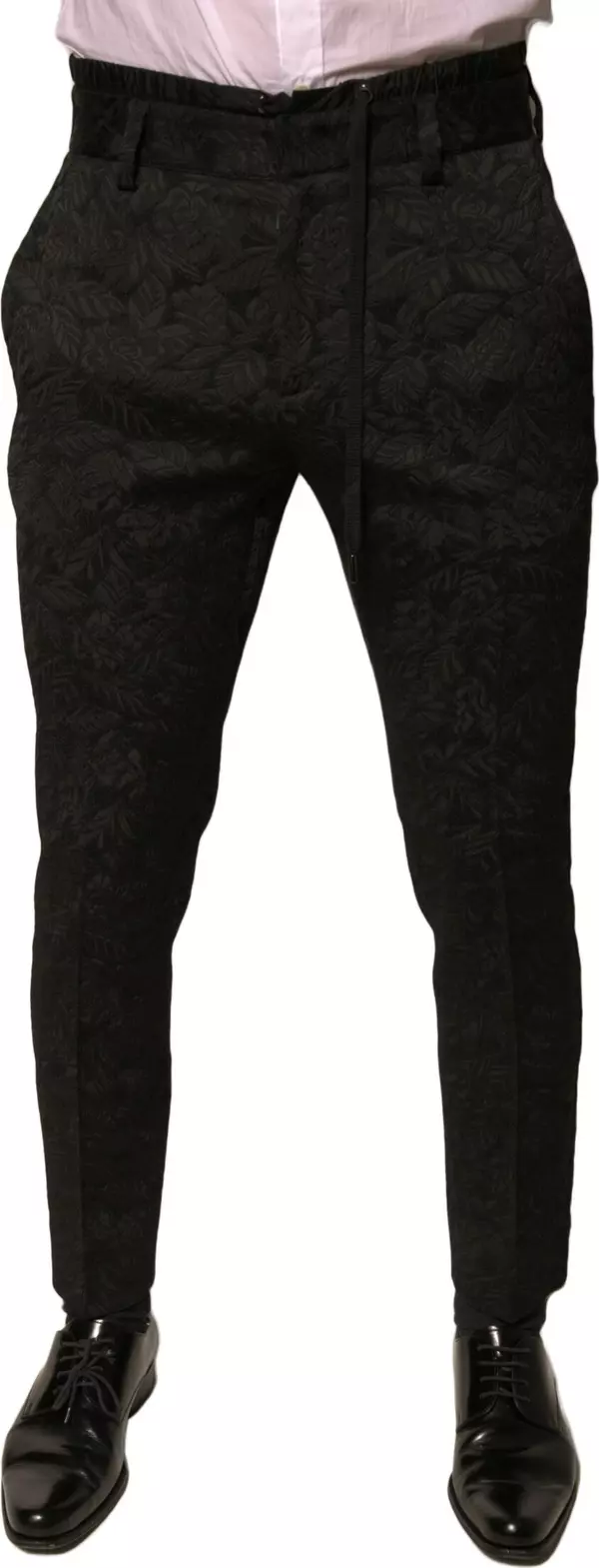 Black Brocade Polyester Skinny Men Dress Pants