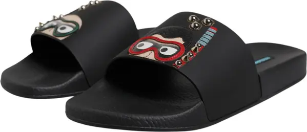 Black Divers Leather Flats Slides Sandals Beachwear Shoes