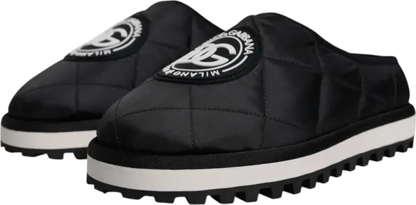 Black Nylon Quilted Logo Patch Sandals Slides Shoes