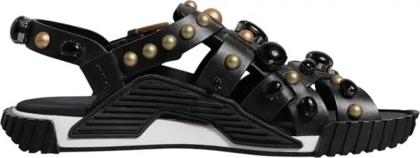 Black Leather Studded Slides Sandals Shoes