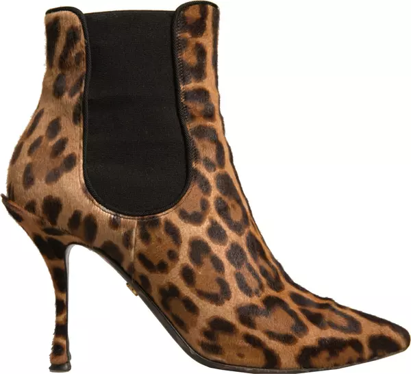 Brown Leopard Leather Stretch Heels Boots Shoes