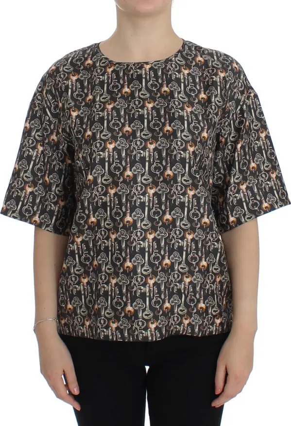 Gray Gold Key Print Silk Blouse T-shirt