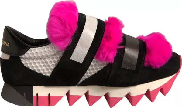 Black Pink Fur Embellished Sneakers Shoes