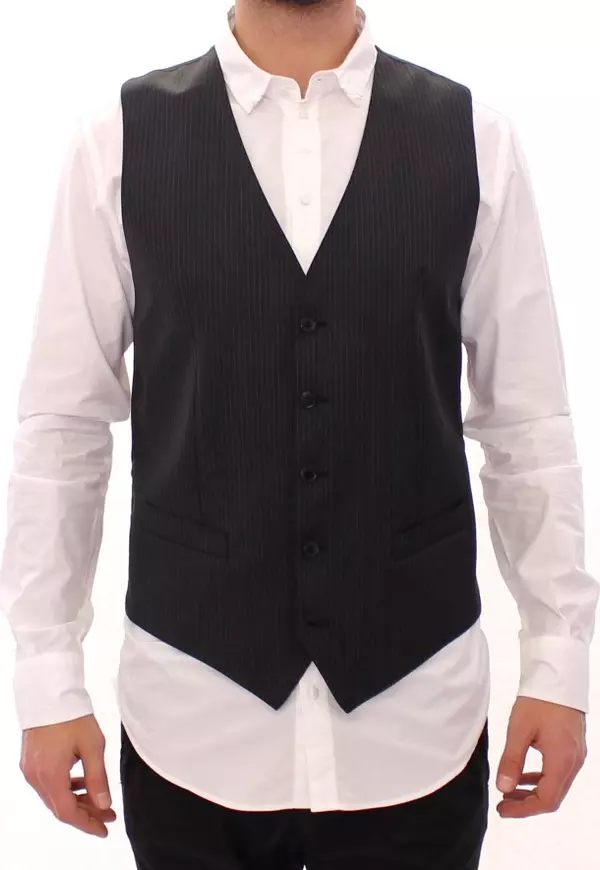 Gray Striped Wool Single Breasted Vest