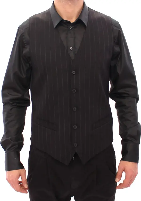 Black Striped Wool Logo Vest