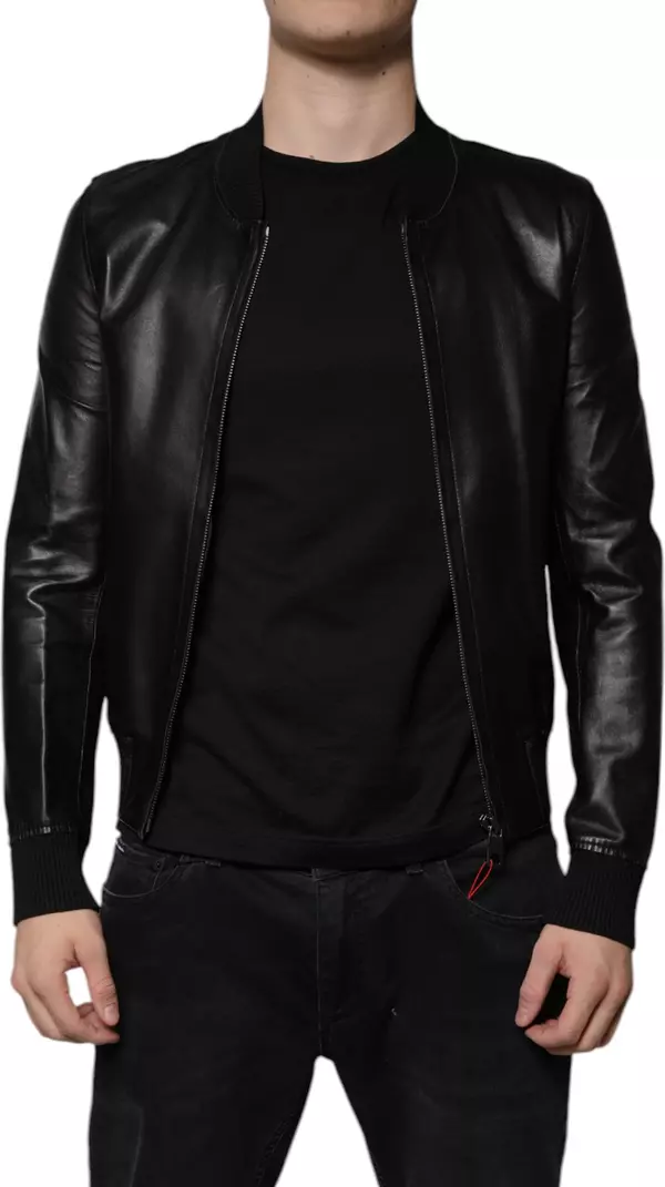 Black Lambskin Full Zip Biker Blouson Jacket