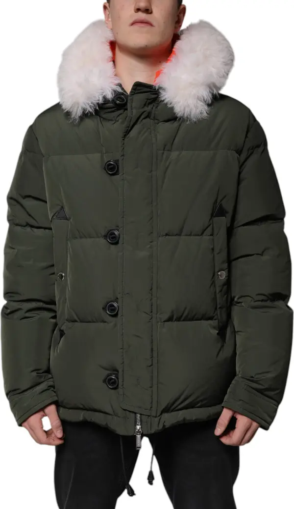 Green Hooded Long Sleeves Fur Shearling Jacket