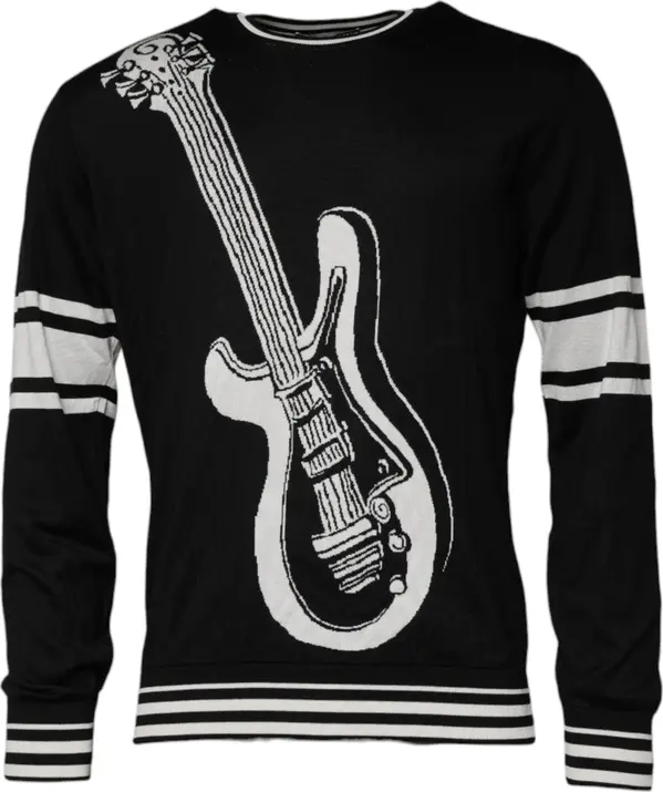 Black White Guitar Silk Crew Neck Sweater