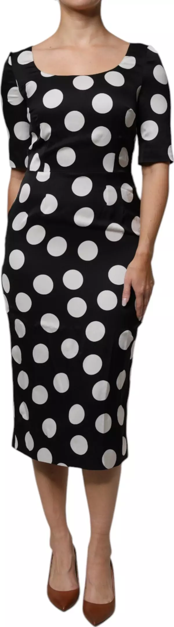 Black White Silk Polka Dots Sheath Midi Dress