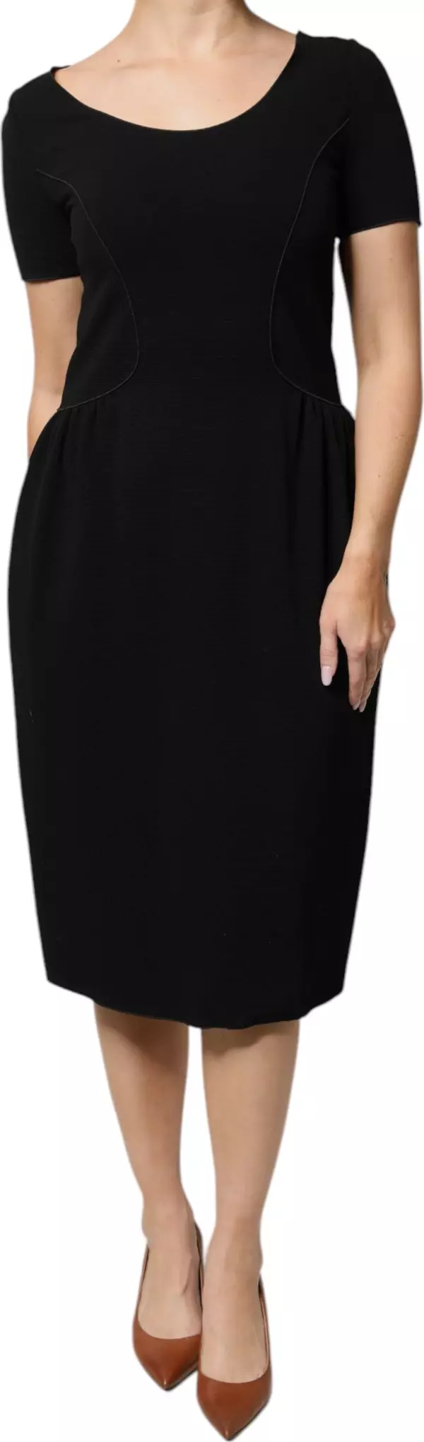 Black Viscose Short Sleeves Sheath Midi Dress